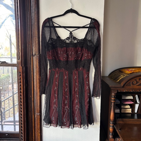 Free People Dresses & Skirts - NWOT Free People Tough Love Goth Fit & Flare Dress in Black and Burgundy